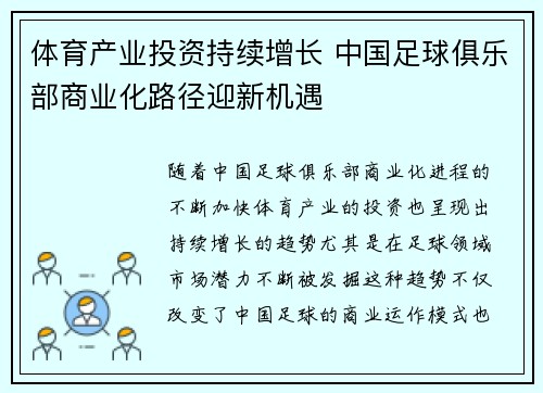体育产业投资持续增长 中国足球俱乐部商业化路径迎新机遇