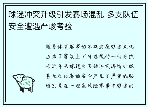 球迷冲突升级引发赛场混乱 多支队伍安全遭遇严峻考验